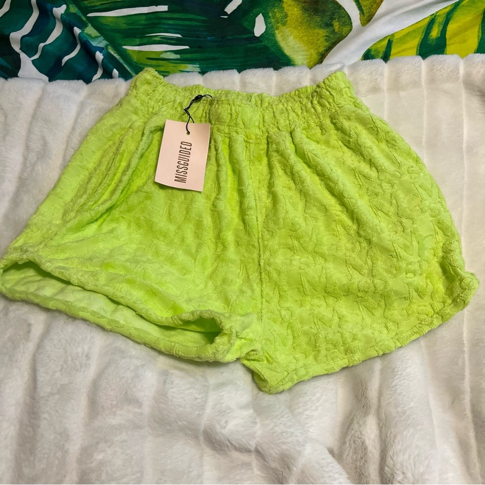 Missguided 2/XS Neon Green Spring Summer Textured Cotton Comfy Dorm Lounge Short